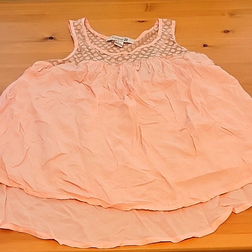 NWOT Forever 21 pink flowy tank w mesh polka dot on neck sz S